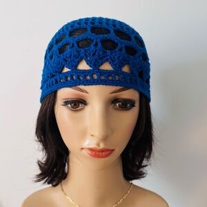 Beautiful handmade Blue Crochet boho Beanie. Size Small. New